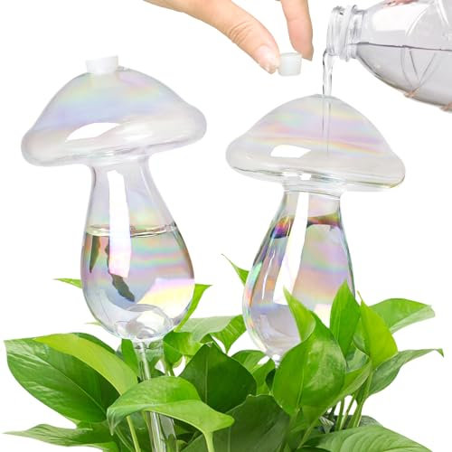 Cat and I Plant Watering Devices, Iridescent Self Watering Globes, Top Fill with Water, 2 Pcs Clear Mushrooms Glass Bulbs