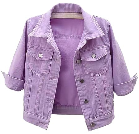 IQYU Giacca di jeans in colori bonbon da donna, vestibilità rilassata, giacca trucker in jeans casuale con volant (Zjsjm-B-Purple, XL)