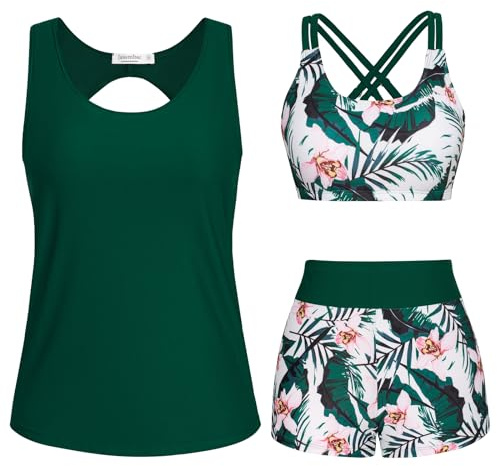 Tankini Sets for Women UK，Tankini Swimsuits Drawstring Bathing Suits Two Piece Floral Print Swimwear with Shorts