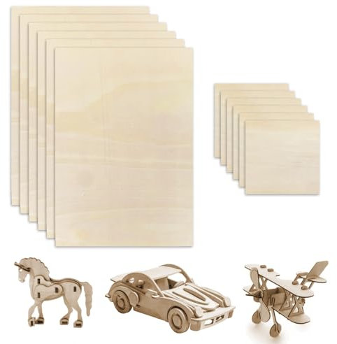 12Pcs Tablero de Madera Contrachapada sin Terminar, 300x200x1.5mm Recortes Finos de Proyectos de Artesanía en Madera, 100x100x1.5mm Tablero de Hoja de Tilo Cuadrado para Corte por Láser Grabado