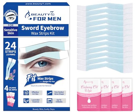 Beauty7 Men‘s Sword Eyebrow Wax Strips For Sensitive Skin, Unibrow Cold Wax Facial Hair Removal 24 Strip with 4 Cleaner Oil Wipes
