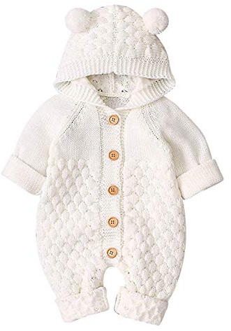 IWEMEK Grenouillère a Capuche Bebe longues tricoté à Onesies Pull Chaud Jumpsuit Nouveau-nés Filles Garçons automne hiver vêtements pour bébé Manteau Barboteuses Coton Pyjamas beige 0-6 mois