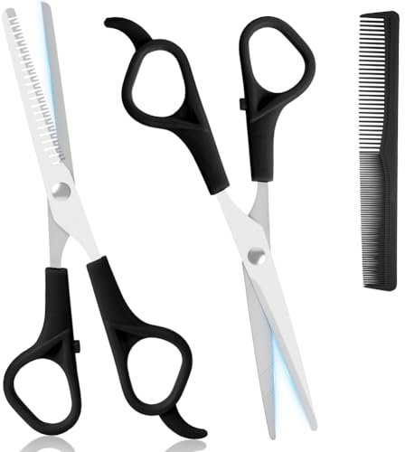 LOPHE Haarschneideschere, 3Pcs Schere Haare Schneiden Haarschere Set, Effilierschere mit Kamm, Hair Cutting Scissors für Bartschere Haarscherer Salon Haarschnitt zu Hause, Schwarz