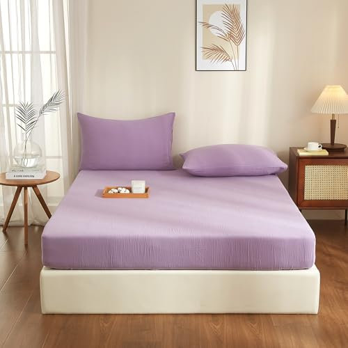 YASMENG Doppelte Muslin Spannbettlaken 180x200cm 100% Baumwolle Lila Muslin Bettlaken 180x200cm Baumwolle Weich Atmungsaktiv Kuschelige Spannbetttuch Boxspringbett Geeignet für 30cm Matratze