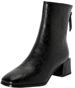 Generico Stivaletti Donna Pelle Punta Quadrata Tacco Medio Largo Zip Posteriore Confortevoli Antiscivolo Resistente Casual Ufficio Scarpe,Nero,34 EU