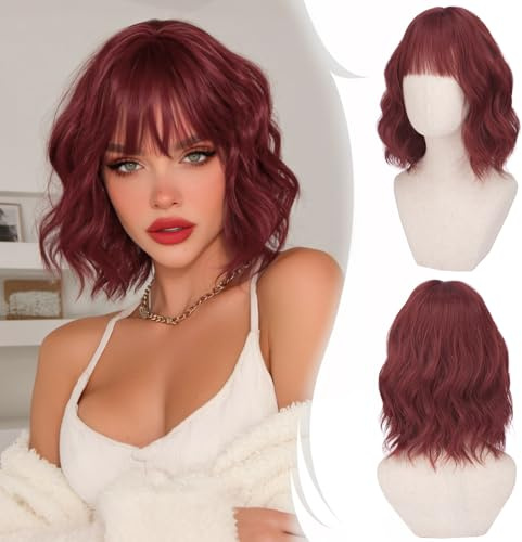 RUWISS Parrucca Corta Bob Ondulata con Frangia, 35 cm Parrucche Donna Rosso Parrucca Ricci Ondulati Parrucca Breve Sintetica per Cosplay Feste Uso