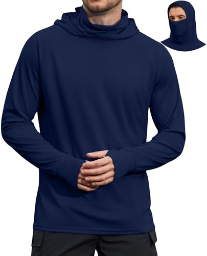 COOFANDY Mens UPF 50+ Sun Protection Hoodie with Mask Lightweight Long Sleeve SPF Fishing Shirts UV Hiking Running Rash Guard, Navy Blue, 3XL
