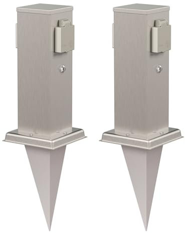 ledscom.de 2 Stück Garten-Steckdosen-Säule Polly mit Dämmerungssensor und Erdspieß für außen, 2-Fach, Edelstahl, eckig, 27cm