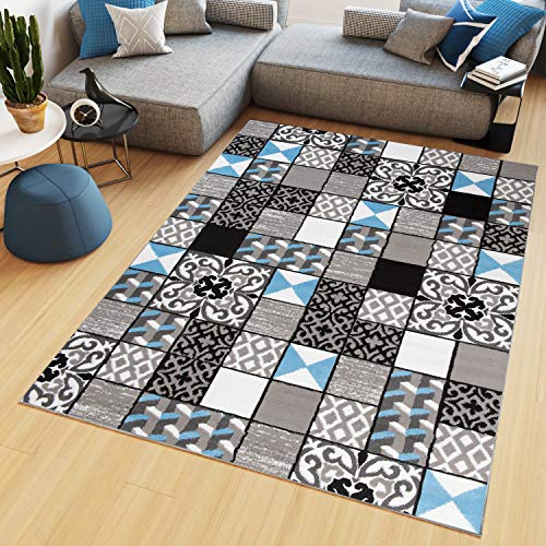 TAPISO Maya Kollektion Teppich Wohnzimmer Kurzflor Blau Grau Weiß Schwarz Geometrisch Modern Mosaik Karo Floral Streifen Schlafzimmer ÖKOTEX 80 x 150 cm