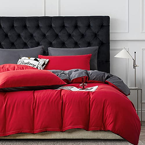 Gezu Housse de Couette 220x240cm Rouge Gris Unie Réversible Parure de Lit 2 Personnes Microfibre avec Fermeture Éclair Sets de Housse de Couette avec 2 Taie d'oreiller 65x65cm