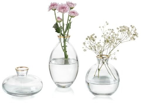 Glasseam Liten vas för bordsdekoration, handgjorda glasvaser för blommor, 3 st guldkant vintage knoppvaser estetisk minivaset för Kawaii vardagsrum dekor sovrum prydnader bröllop mittpunkter | Olika storlekar, blomvas modern, hydroponisk glasvas-set, bröllopsbord, vardagsrum, badrum, soffbord