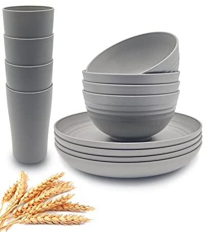 KITWILD Wheat Straw Dinnerware Sets, 12-Piece Lightweight Plastic Dinnerware Set with 8.9 Inch Unbreakable Plates, Bowl Set and Cup Set, BPA free, Dishwasher & Microwave Safe, Service for 4 - Grey