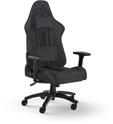 Corsair TC100 Relaxed-Gaming-Stuhl – Stoff – Vom Rennsport inspiriertes Design – Lendenkissen – Abnehmbares Nackenkissen aus Memory-Schaumstoff – Verstellbare Armlehnen – Grau und Schwarz