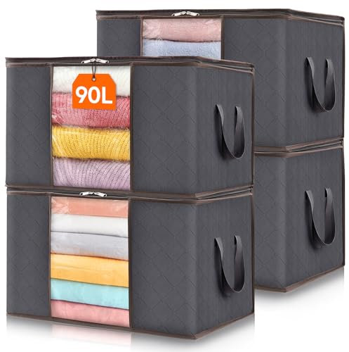 Lifewit 4 Stück 90L Aufbewahrungstasche, Aufbewahrungsbox mit Deckel, Groß Kleideraufbewahrung Umzugskartons, Faltbare Aufbewahrung Boxen für Bettdecken Kleidung Unterbett Kleiderschrank, Grau