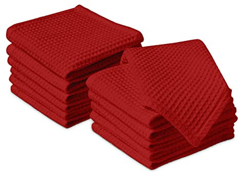 Encasa XO Küchenhandtücher und Waschlappen aus Baumwolle | Rot | Waffel- und Flachgewebe-Geschirrtuch | Geschirrtuch-Set | 30x30 cm | Wiederverwendbar und schnell trocknend 12er-Satz