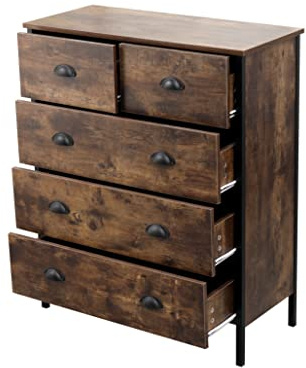 ALPHA Wooden and Metal Chest of 2+3 Drawers Storage Unit Cabinet Sideboard Cupboard Storage Tables Organizer Unit Industrial Style for Bedroom Furniture