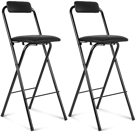 Thyle 2 Pcs Folding Bar Stool with Backrest, Tall Foldable Stool Chair Portable High Folding Bar Chair Counter Height Seat Leather Padded for Kitchen Island Shop Cafe Dining Room Black (29.5 Inch)