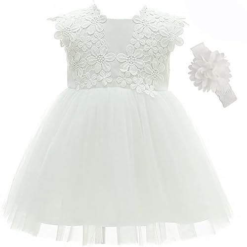 Leideur Bambine Abito da Battesimo Bianco con Cappellino Abito da Battesimo Neonato Abito in Pizzo per Matrimonio Compleanno (Bianco 2, 12Mesi)