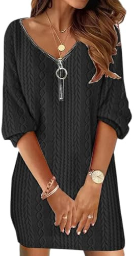 Onsoyours Robe Femmes Casual Long Tops Automne Hiver Fermeture Éclair Manches Longues Robe Pullover Tunique Ample Couleur Unie Épaissie Crochet Mini Robe Sweat Décontracté