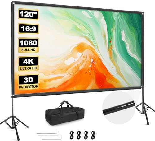 Outdoor Projector Screen with Stand, 120 inch Portable Projector Screen Stand with Elastic Rope Bar, Indoor 16:9 4K HD Wrinkle-Free Front Rear Projection Screen with Carry Bag for Movie Night Camping