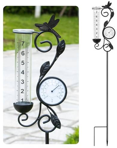 Dragonfly Rain Gauge Garden Decor, 32 Thermometer Patio Decor, 7 Capacity Rain Gauge Replacement Tube Glass, Outdoor Temperature Patio Decor