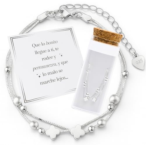 MOMENTUM Pulsera Plata Mujer (Bañada) – Trébol de la suerte – Regalo con Caja y Dedicatoria Premium – Ajustable y Elegante – Ideal Cumpleaños, Navidad, San Valentín