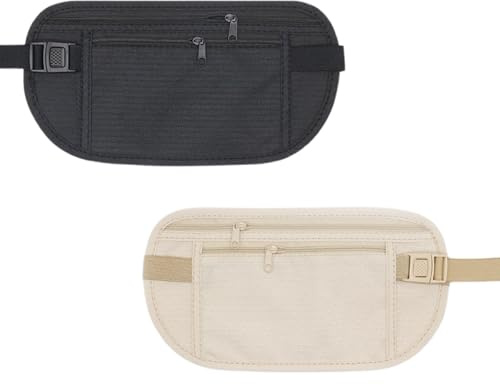 Daryunk 2pcs Money Belts for Travel Hidden Men, Adjustable Waterproof Money Belt, Suitable for Running, Walking, Safe Cash Storage for Men and Women, Black and Khaki