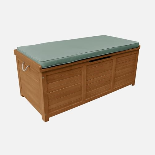 sweeek - Coffre de jardin 200L en bois - Caja kaki - 125x60cm rangement coussins avec 2 vérins et poignées