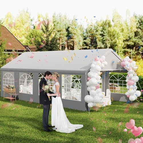 Aufun Partyzelt 4x8m Grau, Wasserdicht & UV-beständig, Stabil mit Verzinktem Stahlgestänge, 6 Abnehmbaren Seitenwänden mit Fenstern, Schnellaufbau Pavillon für Garten, Hochzeit, Festival & Grillparty