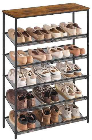 VASAGLE Schuhregal, Schuhablage, 6 Ebenen, große Oberfläche, verstellbare Gitterablagen, platzsparend für Eingangsbereich Flur, Metall, Industrie-Stil, vintagebraun-tintenschwarz LBS044KD01