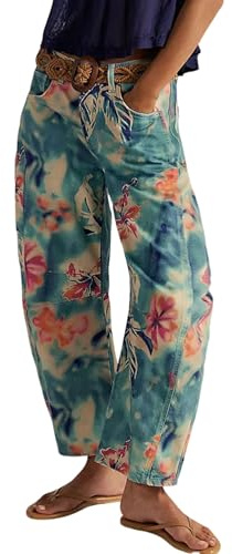 loveimgs Jeans Larghi da Donna con Stampa Floreale in Denim alla Caviglia Pantaloni a Gamba Larga Jeans a Vita Media Pantaloni della Tuta Patchwork Y2k, Tintura a Nodo., L