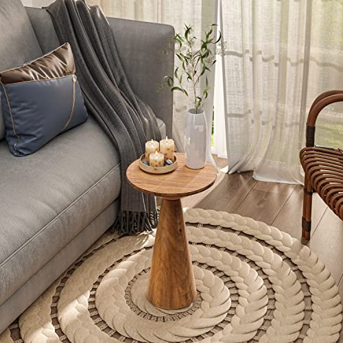 LONYKE Rustic Farmhouse Round Pedestal End Table, Wooden Martini Side Table, Small Plant Stand, Walnut