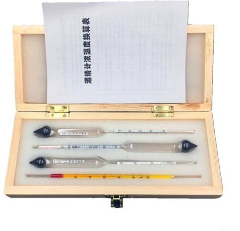 HanOaki Juego de medidor de alcohol de caja de madera con 3 hidrómetros de vidrio para 0-40° 40-70° 70-100° y termómetro de vino, kit de prueba de destilación portátil para medición de baijiu o