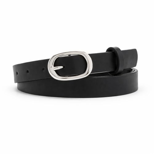 JILLICK Sleek Black Women's Faux Leather Belt with Minimalist Oval Metal Buckle - Adjustable Thin Skinny Waist Belt for Dresses, Jeans, High-Waist Outfits, Fashion Ladies Daily Wear (Black)