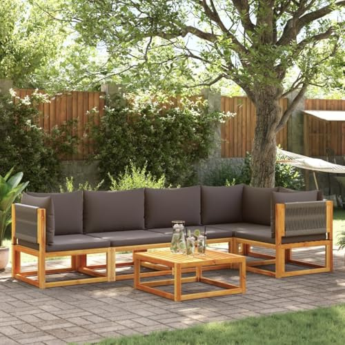 Frdhee Lounge Möbel Groupe de bancs d'angle 6 pièces avec coussin en bois d'acacia et corde pour l'intérieur et l'extérieur