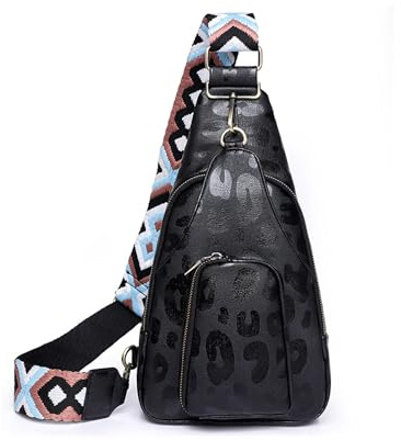 myfriday Small Waterproof Sling Bag for Women Lightweight Crossbody Chest Daypack for Travel with Zipper Pockets (Black Leopard)