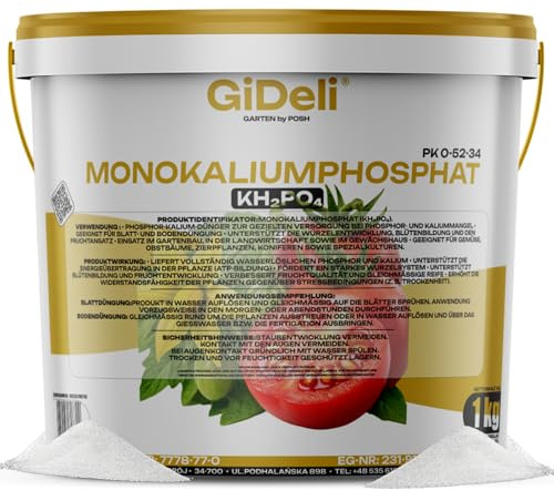 GiDeli Kaliumfosfat Kristallint Vattenlösligt 1kg - Bladgödsel och Markgödsel för Blomning och Fruktsättning - Löses Helt Utan Rester - till Grönsaker Fruktträd Prydnadsväxter och Barrträd
