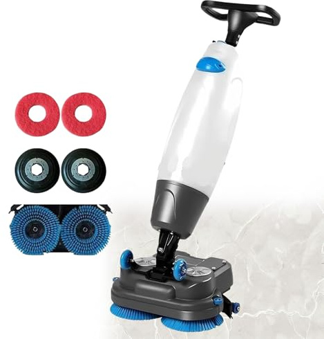 JIYINGHUI 18 Commercial Walk Behind Floor Scrubber Dryer, 430mm Rotary Dual-Brush Heads, 240 RPM, Cleaning Capacity 13000 Sqft/H, Dual Water Tank System, for Tile and Hard Surfaces White