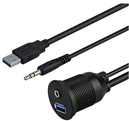 Baolongking USB 3.0 & 3.5mm Car Mount Flush Cable - 3.5mm + USB3.0 AUX Extension Dash Panel Waterproof Mount Cable For Car, Boat and Motorcycle - 3ft