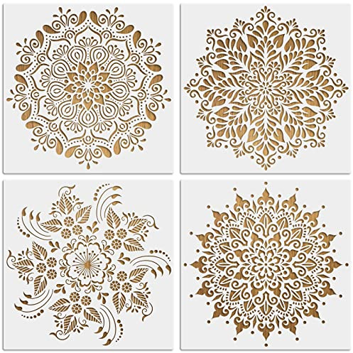 MWOOT 4 Pezzi Grande Mandala Stencils Pittura, Set Stencil Disegno Fiori, Riutilizzabile Painting Template Forniture per Fai Da Te Tegola Legna Tela Pavimento Parete Cuscini Decorazioni(30x30CM)