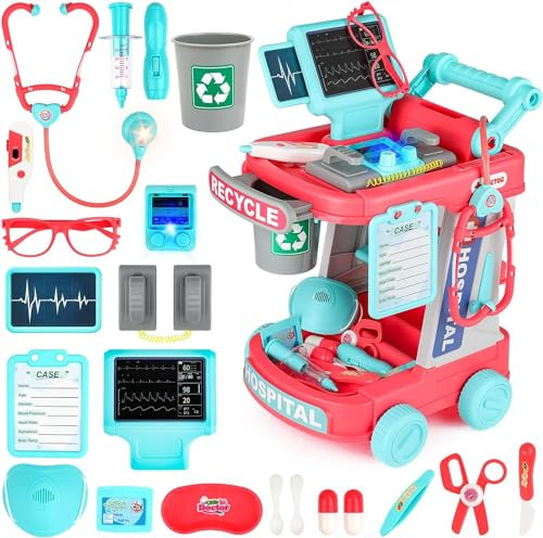 deAO Kids Doctor Playset with Medical Trolley, Pretend Play Doctor Nurse Costume Set, Role Play Medical Kit with Stethoscope, Syringe, Bandages, Learning Toy Hospital Play Center for 3-12 Kids (Pink)
