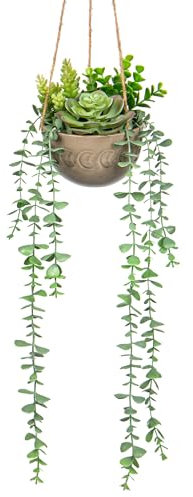 Hollyone Gefälschte Hängepflanze mit Topf, künstliche Sukkulenten im Keramiktopf, gefälschte grüne Topfpflanze für Indoor Schlafzimmer Bad Küche Büro Heimdekoration 50CM