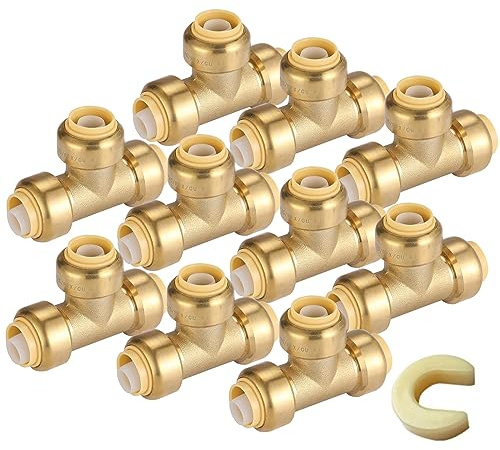 GUOFIS 1/2 Pushfit Tee,10 Pack PEX Brass Push-fit Tee with 1 Pack Disconnect Clip, Push-to-Connect Plumbing Fittings for PEX, Copper, CPVC(PF118-10Pack)