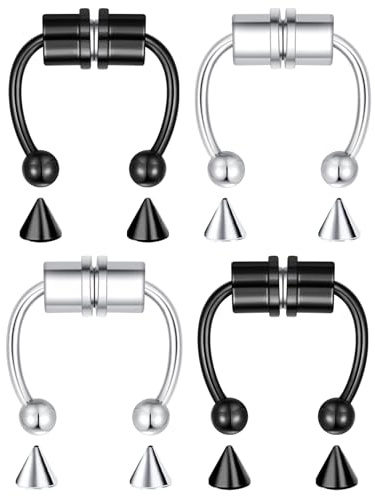 VELCARE 4 Pcs Fake Nose Ring Fake Septum Piercing Ring Magnet Magnetic Septum Nose Ring Piercing Fake Piercings Septum Rings Jewelry Clip On Faux Septum Nose Rings for Women Men Nose Cuffs Jewelry Non Piercing Stainless Steel