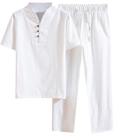Caxndycing Conjunto de 2 piezas para hombre, de algodón, de verano, para el deporte, el tiempo libre, de manga corta, en lino, Color blanco., L
