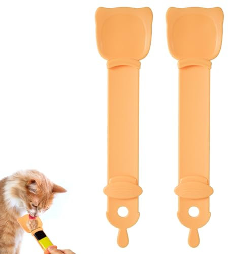 2pcs Cat Strip Feeders, Cute Happy Cat Head Shape Cat Strip Squeeze Spoons Multifunctional 2-in-1 Cat Treat Food Dispenser Cat Strip Spoons Cat Food Spoons for Wet Food Cat Pet Supplies (Orange)