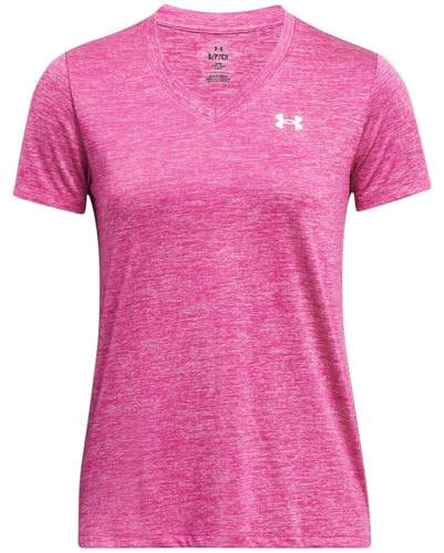 Under Armour Women's Tech Short Sleeve V-Neck Twist, Comfortable Women's T-Shirt, Versatile Gym Top for Sports, Training and Casual Wear,Super Pink / / White,LG