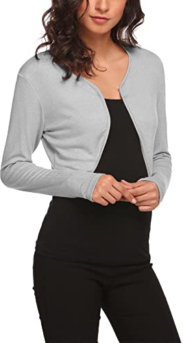 Hotouch Dam bolero festlig kort kofta axeljacka långärmad elegant öppen front Shrug bolerojacka för bröllop, GRÅ, L