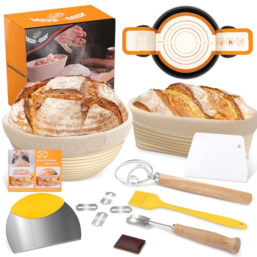 Banneton Basket Set of 2, 10 Oval & 9.7 Round Banneton Bread Proofing Basket with Liners, Bread Lame, Silicone Baking Mat, Danish Whisk, Brush, Proofing Bowls Sourdough Starter Kit Tools