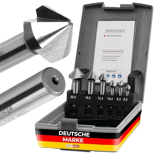 Woltersberger® 6 teiliges TiN beschichtete Kegelsenker Set 90° Ø 6,3-20,5 mm - scharfe, präzise Senker und Entgrater für Holz, Metall, Kunststoff - Senkbohrer Versenker in praktischer Aufbewahrungsbox